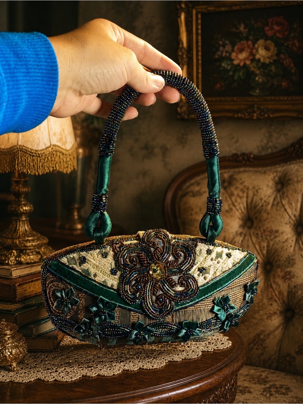 Vintage Beaded Floral Evening Bag Purse Green Top Handle Shoulder Strap Boho